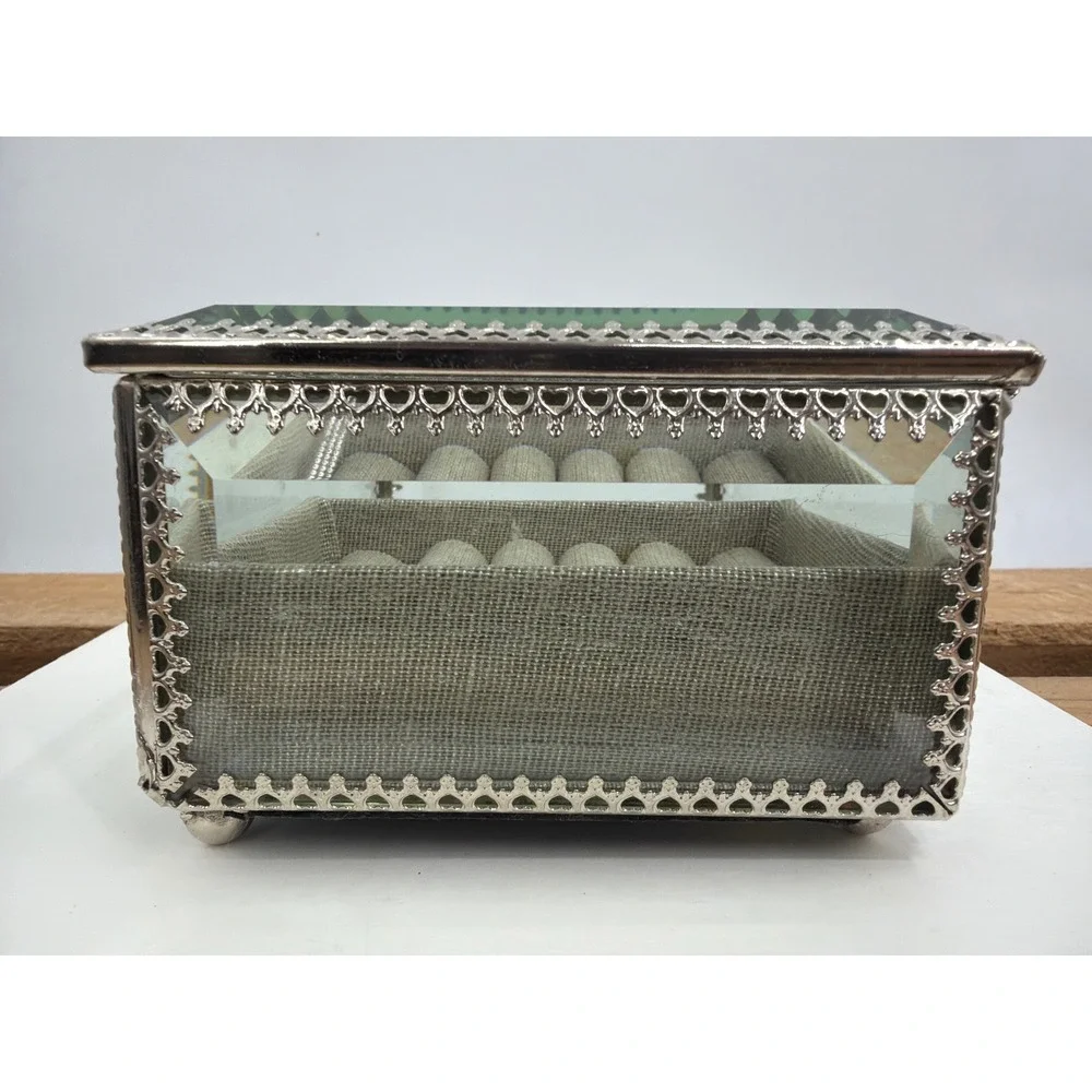 Nicole Miller Home Glass Jewelry Box Silver Filigree Beveled Ring‎ Organizer